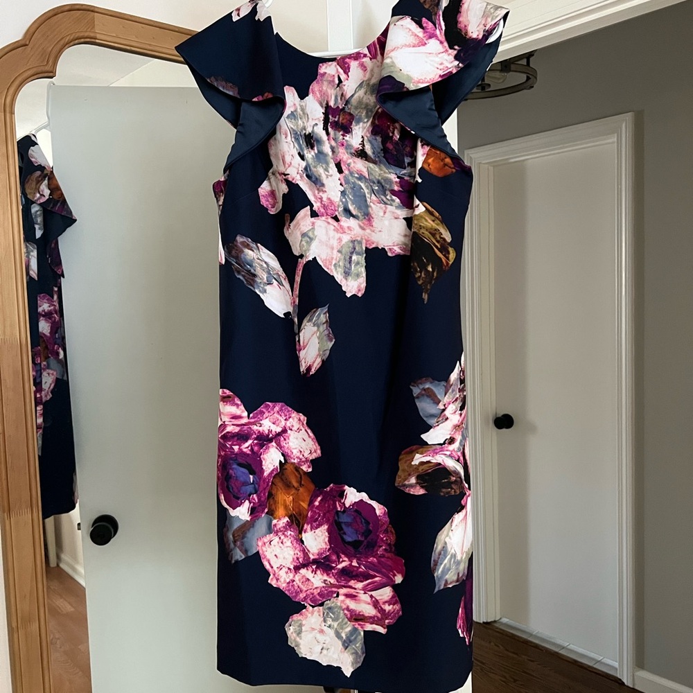 Trina Turk Blue and Black Asymmetrical Ruffled Sheath Dress